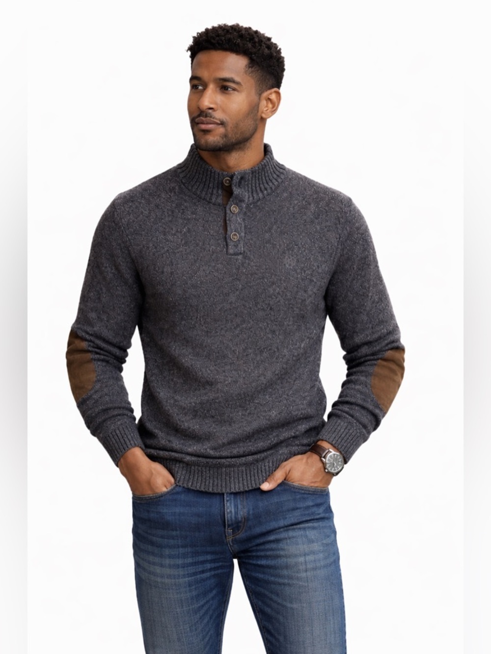 Chaps Menโs Gray Henley Sweater w/ Elbow Patches Preppy Pullover Size Medium